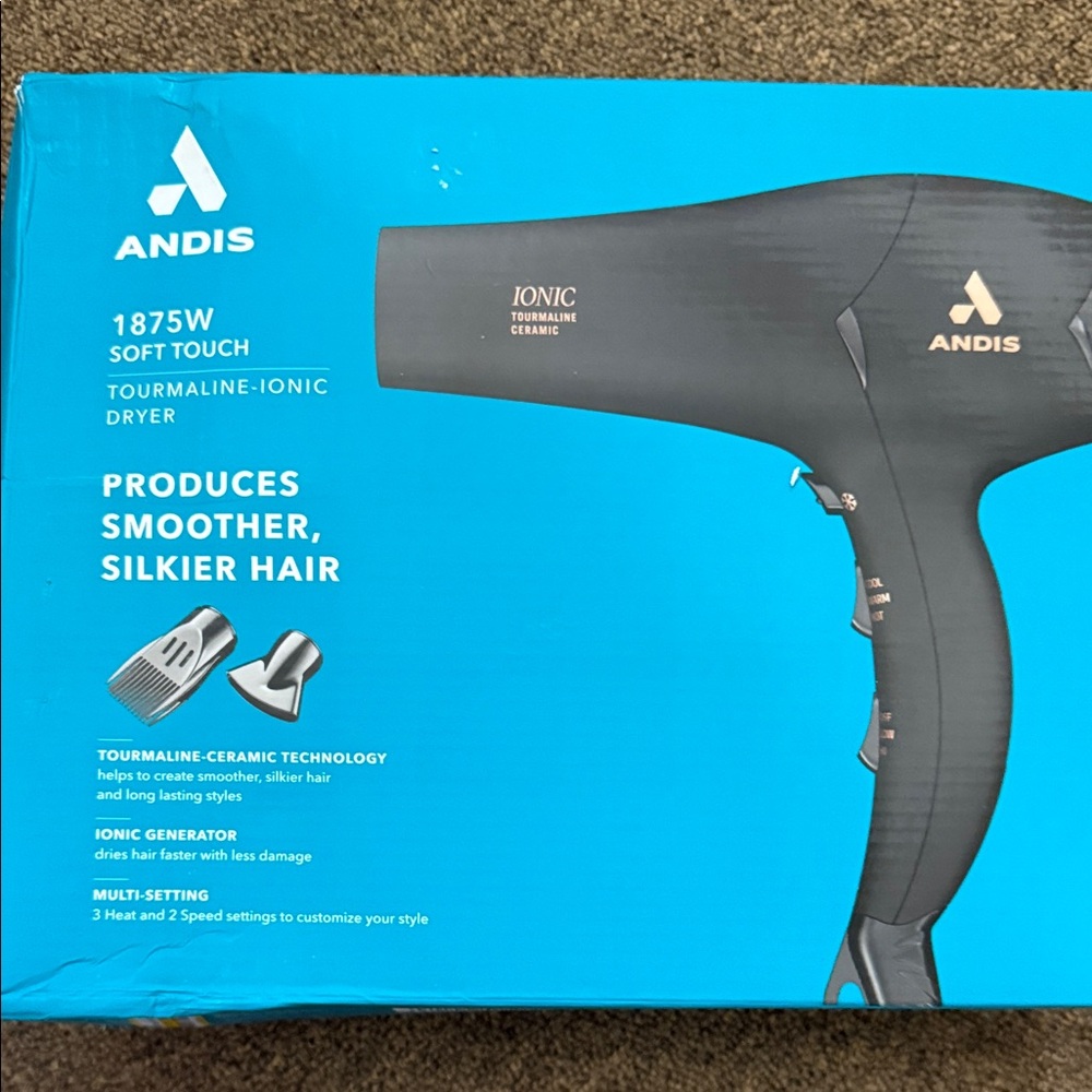 Andis 1875W Soft Touch Hair Dryer - Black on Teal Box